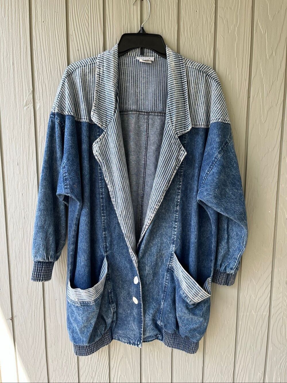VTG 80s Denim Jacket M Railroad Stripe Oversized Slouchy Acid Wash USA